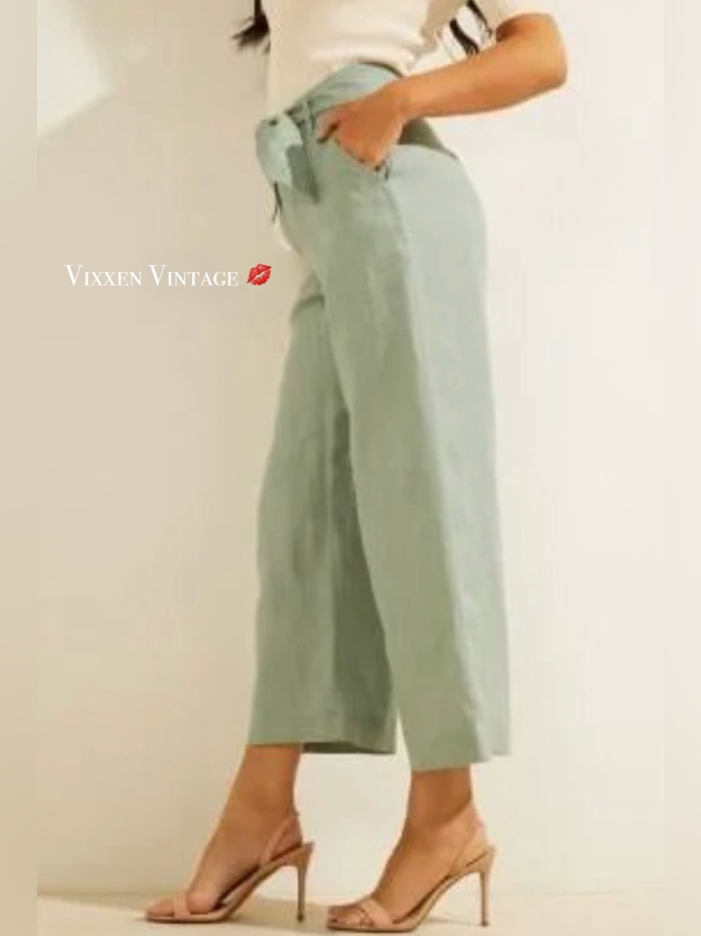 GUESS BELTED ‘LINEN TESSA CULOTTE PANTS’ IN FADE TO JADE